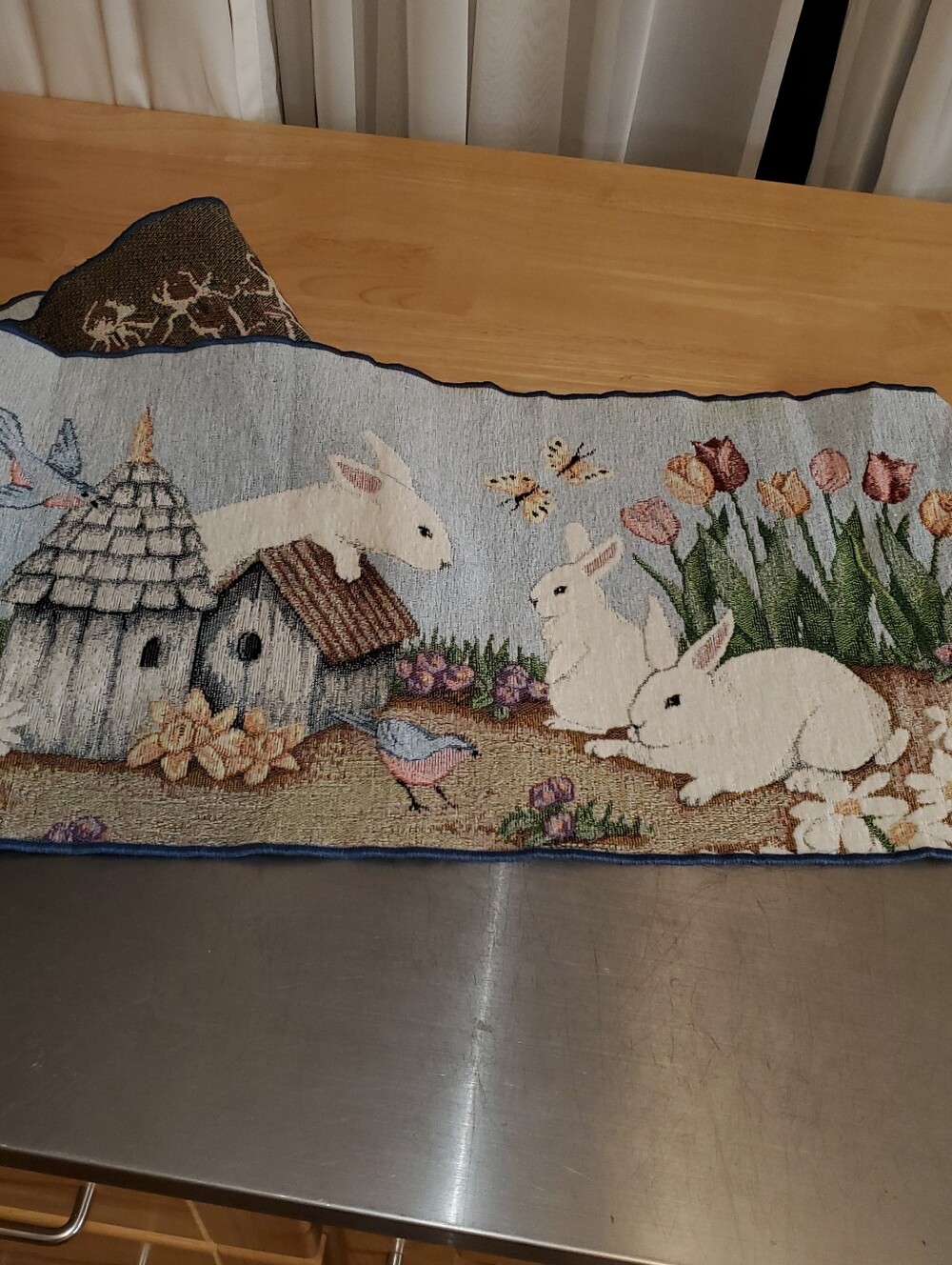 Tapestry table runner floral and bunny themed